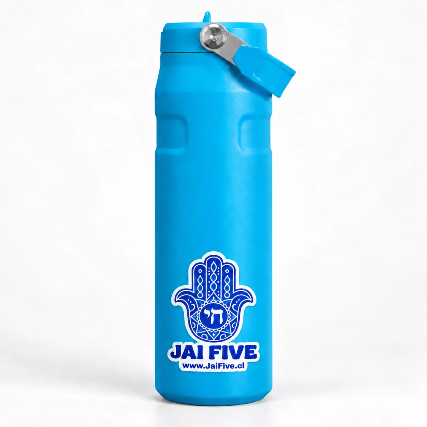 Jai Five sticker on a blue insulated water bottle